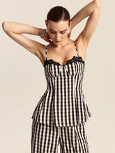 Gingham Spaghetti Strap Peplum Top with Lace Trim